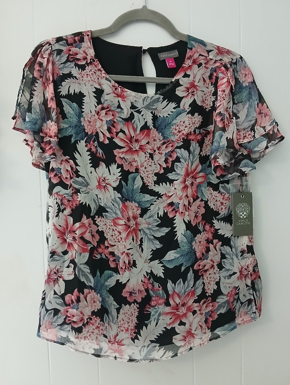 Vince Camuto Floral Ruffle Sleeve Blouse - Pink/Black